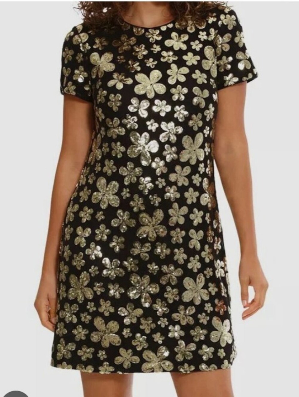 London Times Black Dress with Gold Floral Sequin Pattern